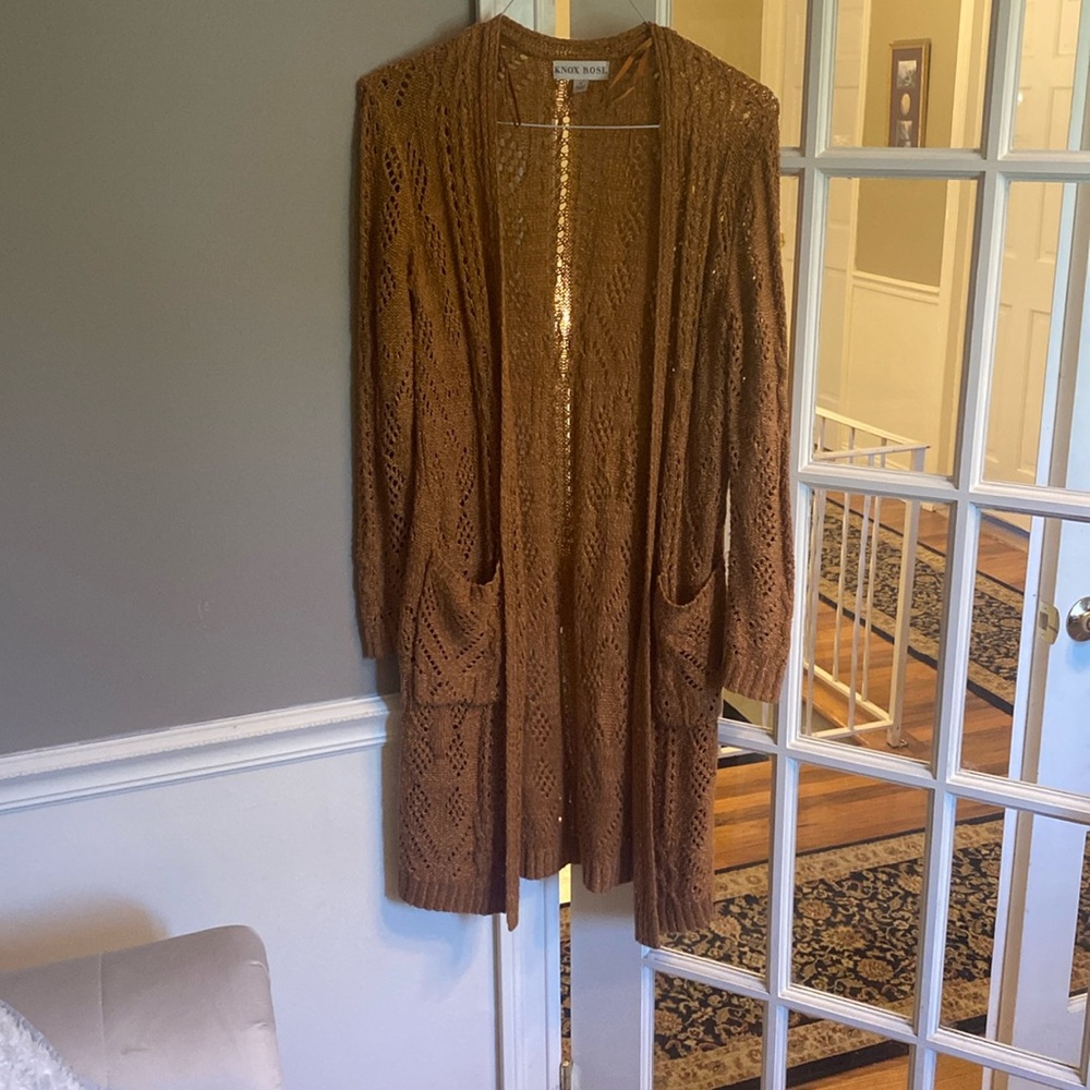 Knox rose cognac color knit long cardigan size small.